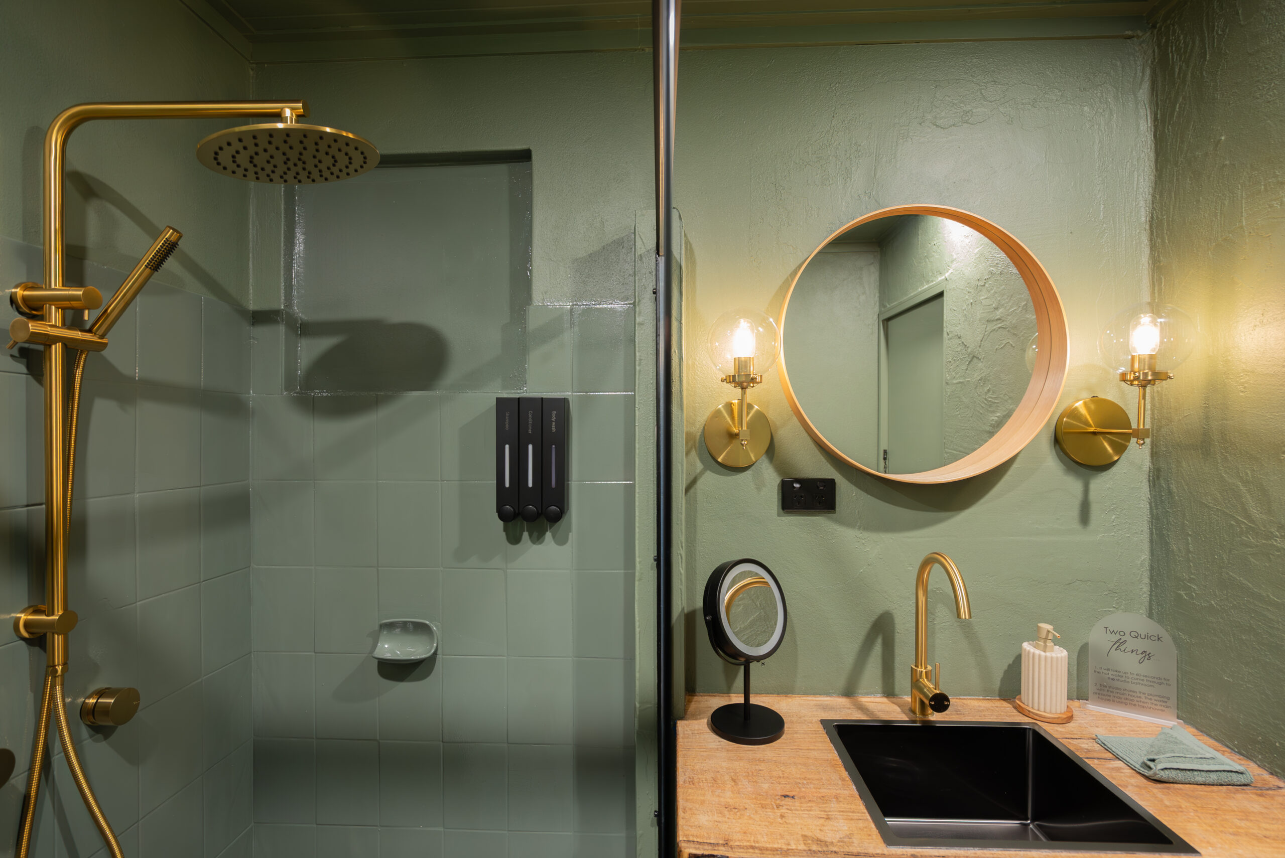 Shower with brass fixtures